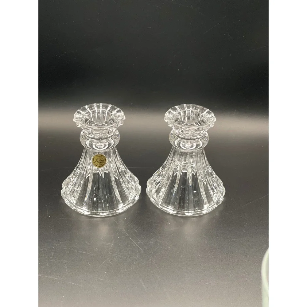 Vtg Cristal d'Arques France Lead Crystal Candle Holders‎ Pair Ribbed Clear Glass